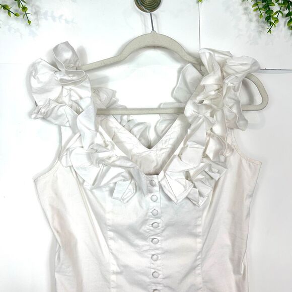 Boston Proper Blouse Vintage Top Sz 10 White Ruffle Neck Button Lace Up Corset - Picture 9 of 10